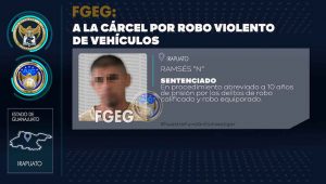 La Fiscalía General del Estado obtuvo sentencia de cárcel para un sujeto que robó violentamente al menos dos vehículos en diferentes fechas, en Irapuato La Fiscalía General del Estado obtuvo sentencia de cárcel para un sujeto que robó violentamente al menos dos vehículos en diferentes fechas, en Irapuato