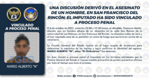 UNA DISCUSIÓN DERIVÓ EN EL ASESINATO DE UN HOMBRE, EN SAN FRANCISCO DEL RINCÓN; EL IMPUTADO HA SIDO VINCULADO A PROCESO PENAL. UNA DISCUSIÓN DERIVÓ EN EL ASESINATO DE UN HOMBRE, EN SAN FRANCISCO DEL RINCÓN; EL IMPUTADO HA SIDO VINCULADO A PROCESO PENAL.