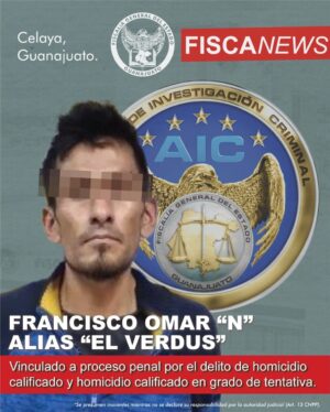 La Fiscalía de Guanajuato logró que FRANCISCO OMAR “N” alias “Verdus”, fuera vinculado a proceso penal por homicidio calificado y homicidio calificado en grado de tentativa. La Fiscalía de Guanajuato logró que FRANCISCO OMAR “N” alias “Verdus”, fuera vinculado a proceso penal por homicidio calificado y homicidio calificado en grado de tentativa.