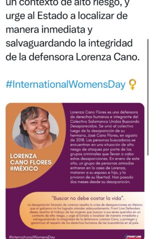 RESALTAN EL TRABAJO DE LAS MUJERES Y PIDEN QUE NO CESE LA BÚSQUEDA DE LORENZA CANO RESALTAN EL TRABAJO DE LAS MUJERES Y PIDEN QUE NO CESE LA BÚSQUEDA DE LORENZA CANO