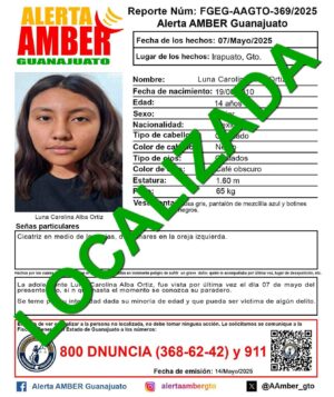 Localizan con vida a Luna Carolina, menor reportada como desaparecida en Irapuato Localizan con vida a Luna Carolina, menor reportada como desaparecida en Irapuato
