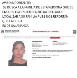 PUBLICAN FICHA DE MUJER SALMANTINAFALLECIDA EN JALISCO PARA LOCALIZAR A FAMILIARES PUBLICAN FICHA DE MUJER SALMANTINAFALLECIDA EN JALISCO PARA LOCALIZAR A FAMILIARES