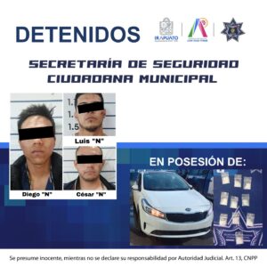 Persecución en Irapuato deja tres detenidos y un vehículo asegurado Persecución en Irapuato deja tres detenidos y un vehículo asegurado
